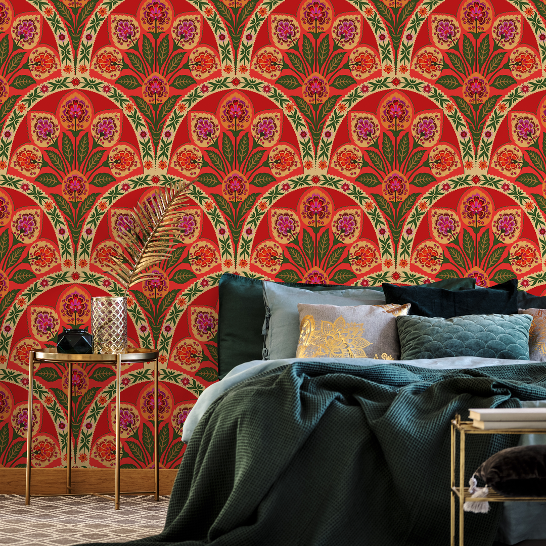 Art Nouveau Wallpaper with an Arched Floral Motif in Red, Green, and Pink - C451