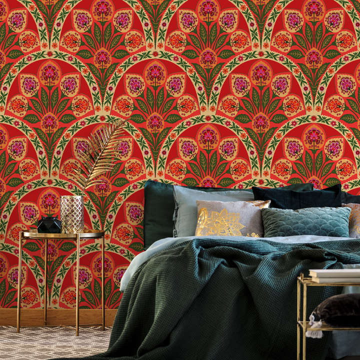Art Nouveau Wallpaper with an Arched Floral Motif in Red, Green, and Pink - C451