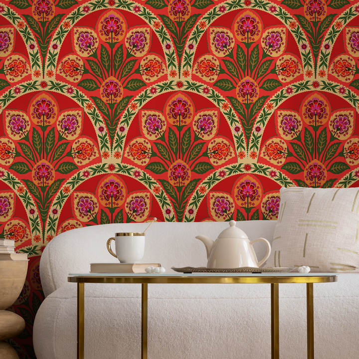 Art Nouveau Wallpaper with an Arched Floral Motif in Red, Green, and Pink - C451