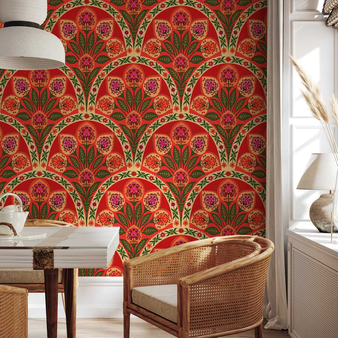 Art Nouveau Wallpaper with an Arched Floral Motif in Red, Green, and Pink - C451