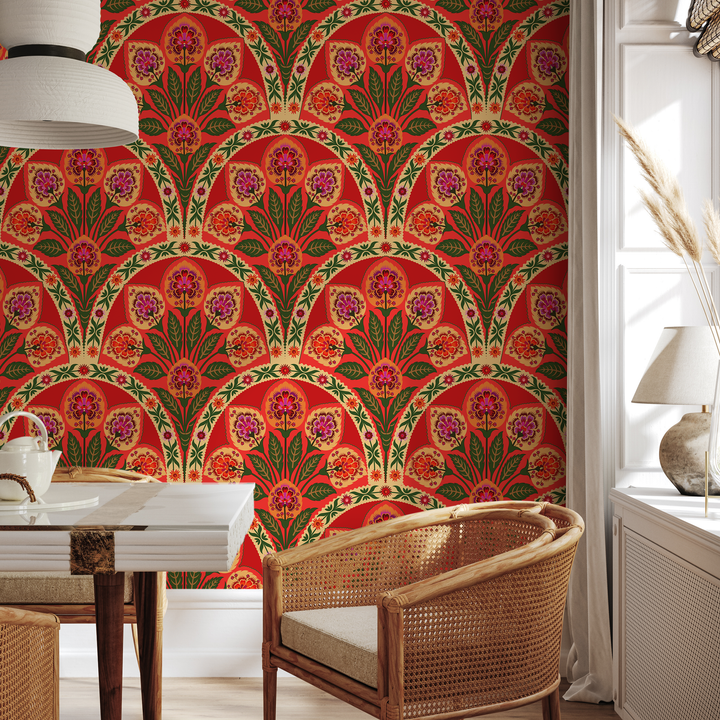 Art Nouveau Wallpaper with an Arched Floral Motif in Red, Green, and Pink - C451