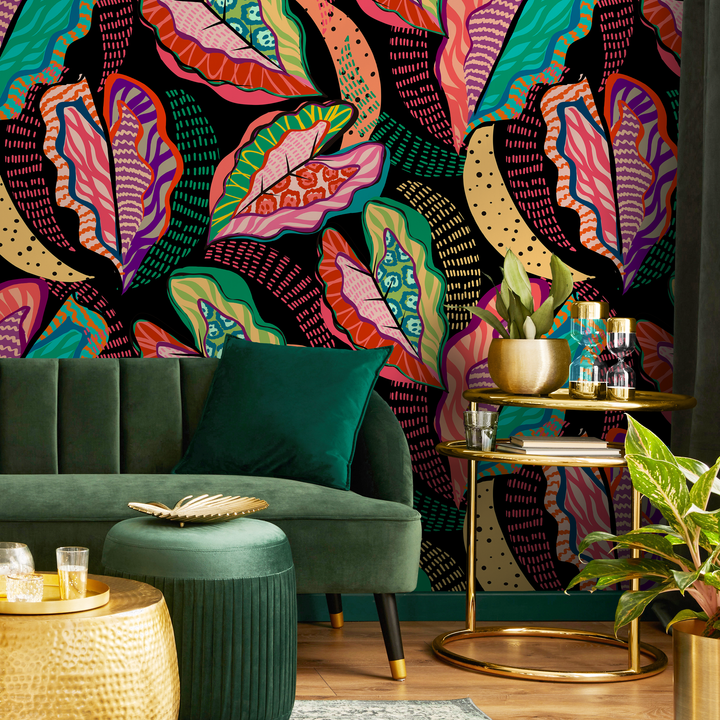 Abstract Wallpaper with Bold Patterned Leaves in Pink, Teal, and Orange - C454