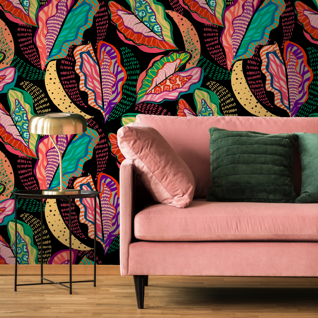 Abstract Wallpaper with Bold Patterned Leaves in Pink, Teal, and Orange - C454