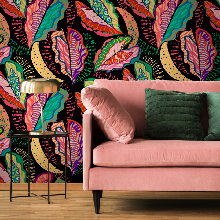 Abstract Wallpaper with Bold Patterned Leaves in Pink, Teal, and Orange - C454