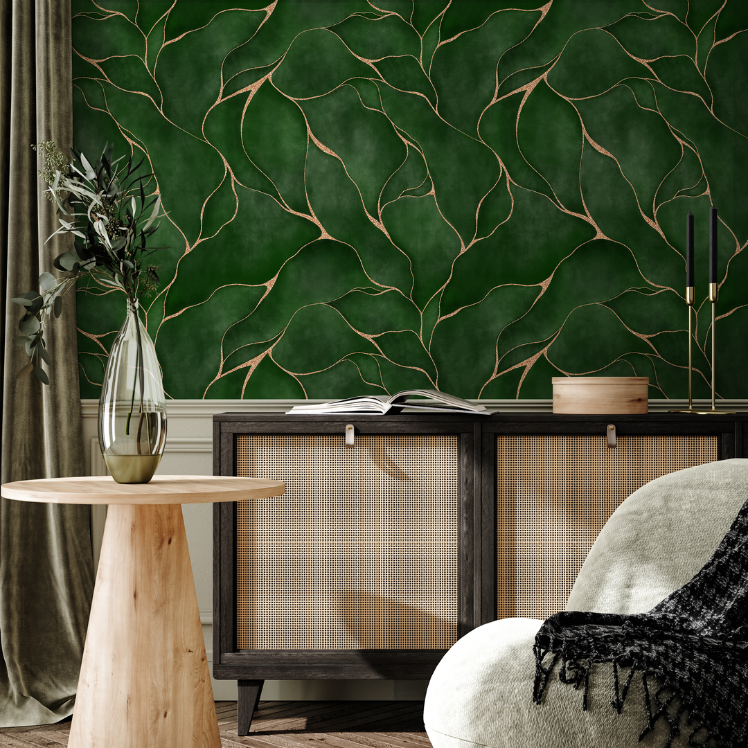 Abstract Wallpaper with Wavy Golden Lines in Green and Gold - C455