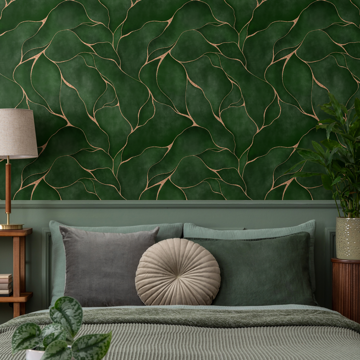 Abstract Wallpaper with Wavy Golden Lines in Green and Gold - C455