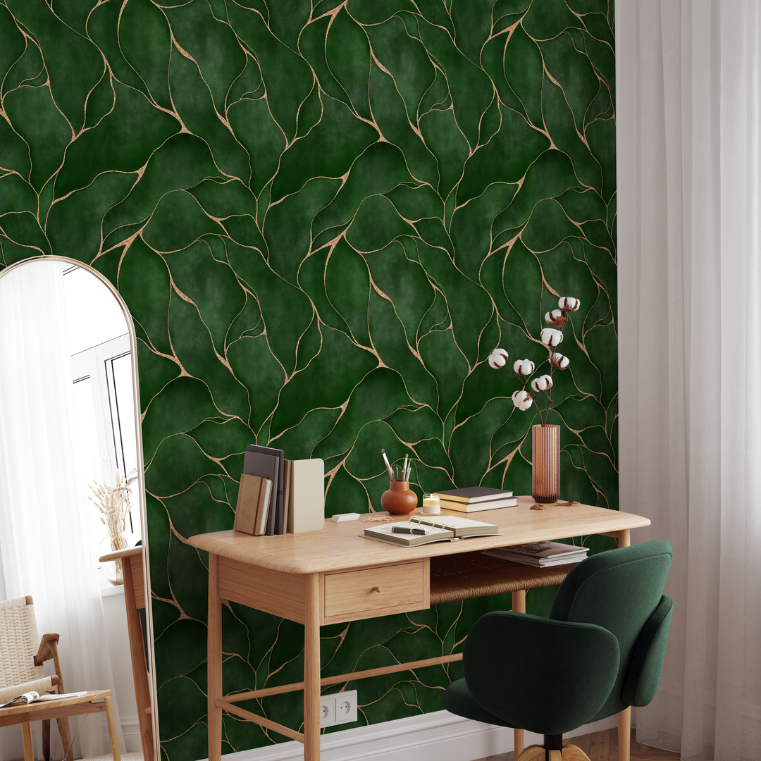 Abstract Wallpaper with Wavy Golden Lines in Green and Gold - C455