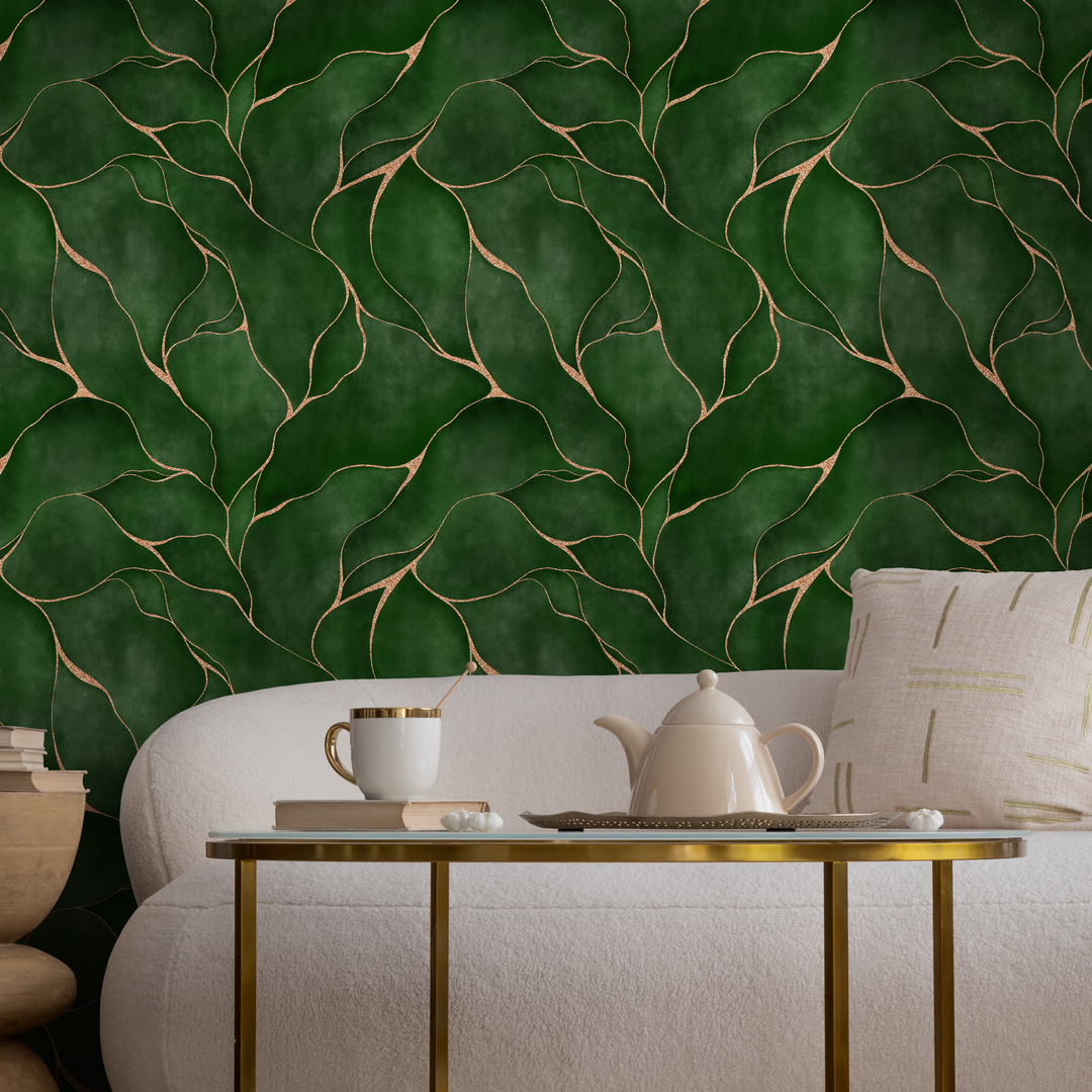 Abstract Wallpaper with Wavy Golden Lines in Green and Gold - C455