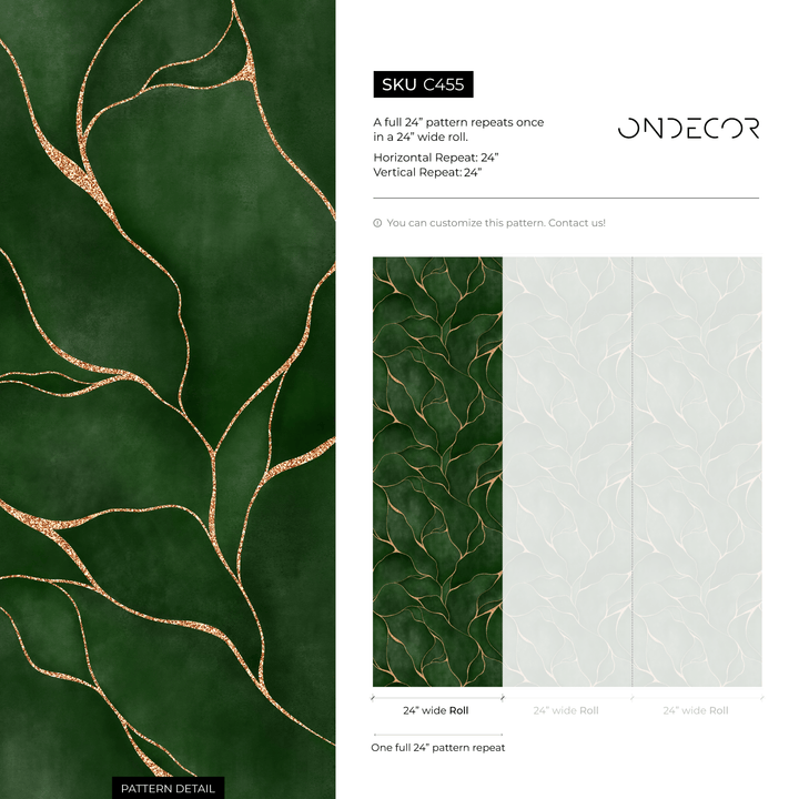 Abstract Wallpaper with Wavy Golden Lines in Green and Gold - C455