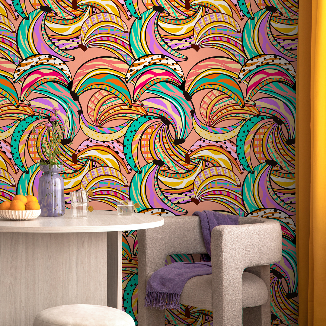 Abstract Wallpaper with a Graphic Banana Motif in Pink, Yellow, and Turquoise - C460