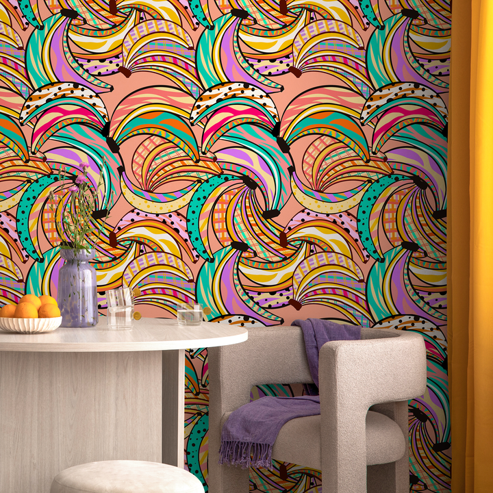 Abstract Wallpaper with a Graphic Banana Motif in Pink, Yellow, and Turquoise - C460