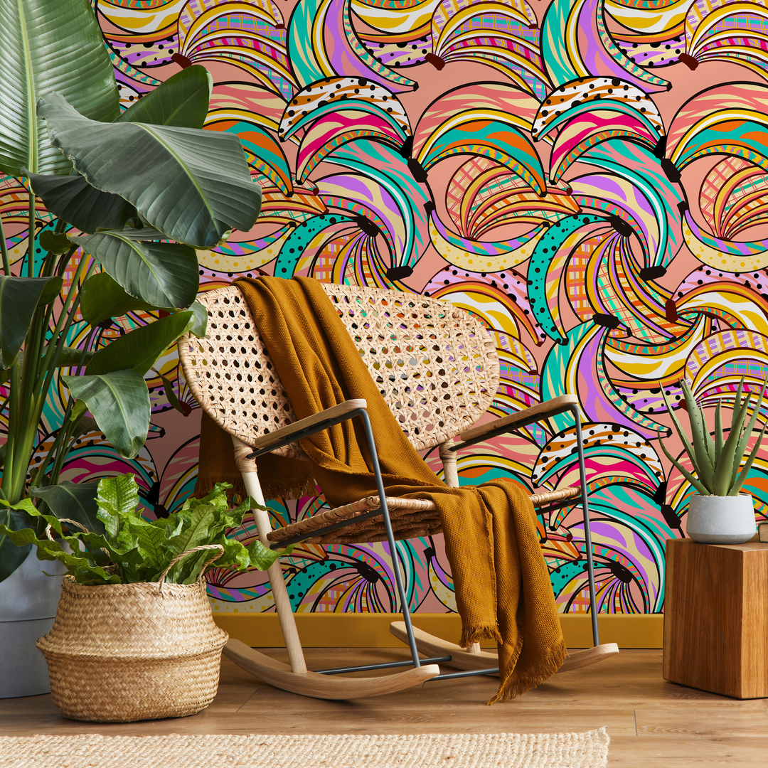 Abstract Wallpaper with a Graphic Banana Motif in Pink, Yellow, and Turquoise - C460