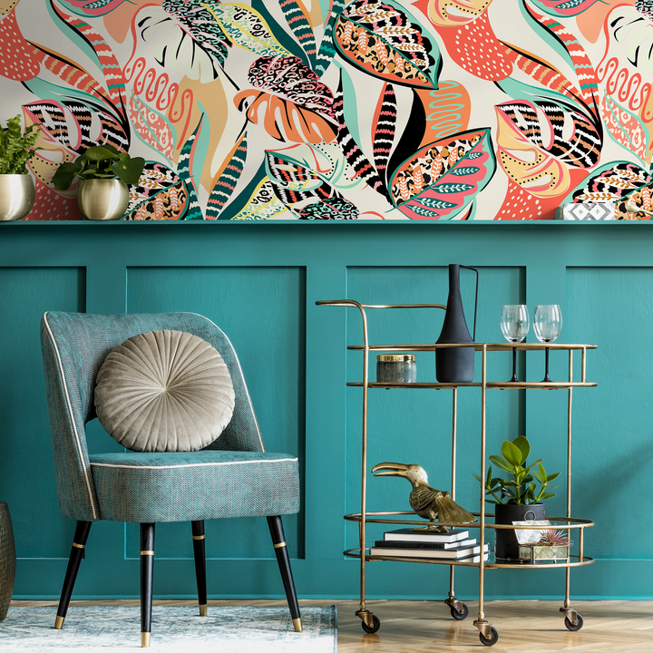 Abstract Wallpaper with Eclectic Botanical Forms in Coral, Teal, and Black - C461