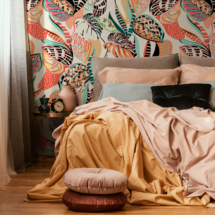 Abstract Wallpaper with Eclectic Botanical Forms in Coral, Teal, and Black - C461