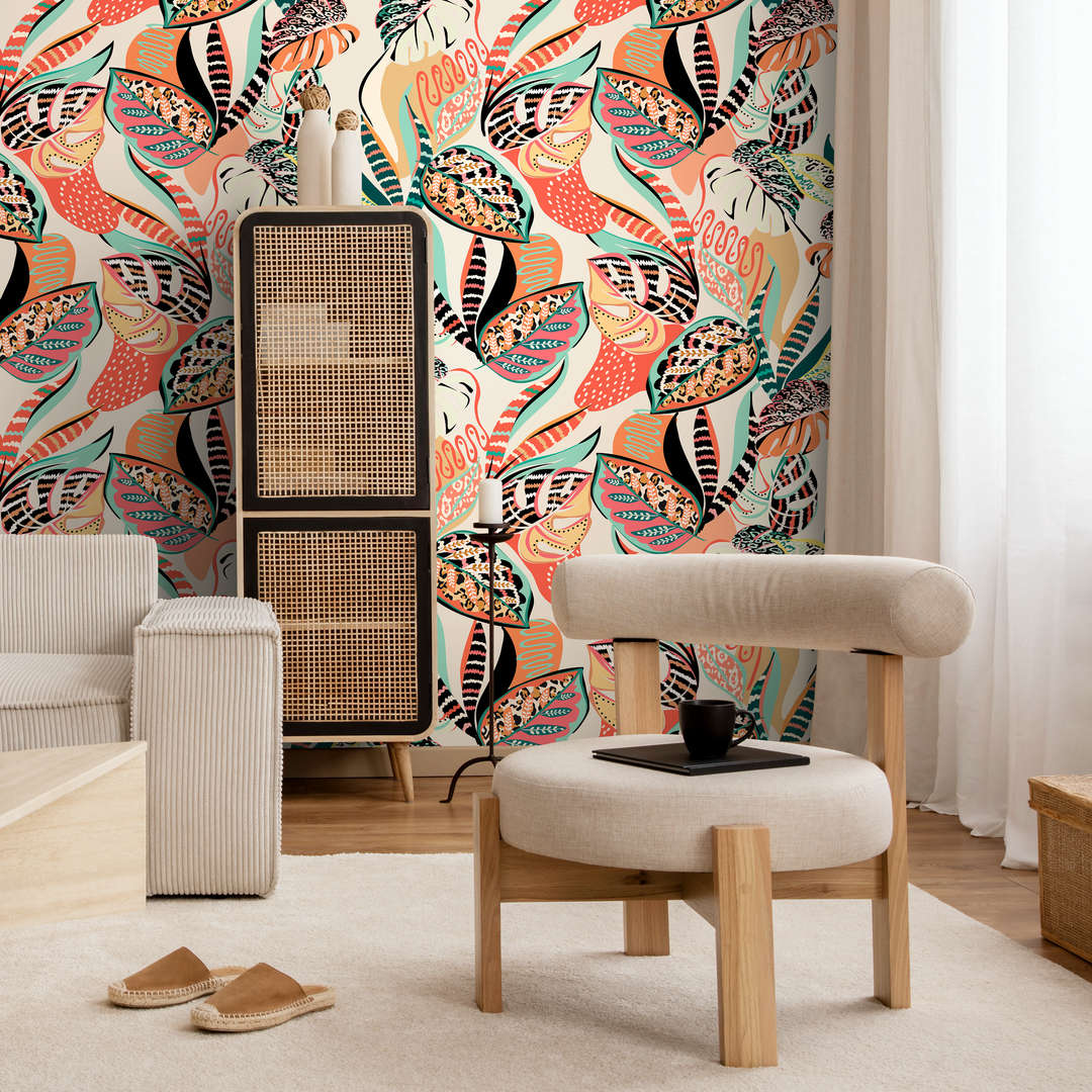 Abstract Wallpaper with Eclectic Botanical Forms in Coral, Teal, and Black - C461