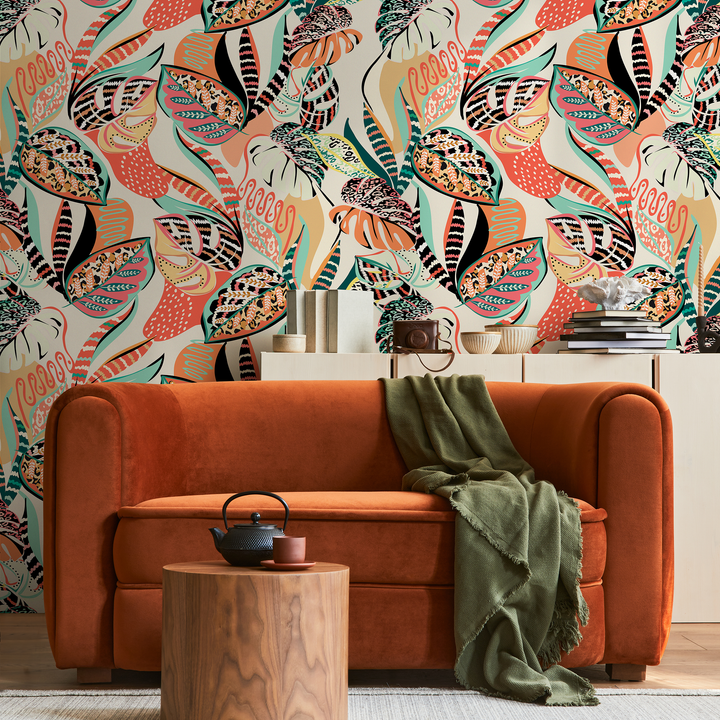 Abstract Wallpaper with Eclectic Botanical Forms in Coral, Teal, and Black - C461