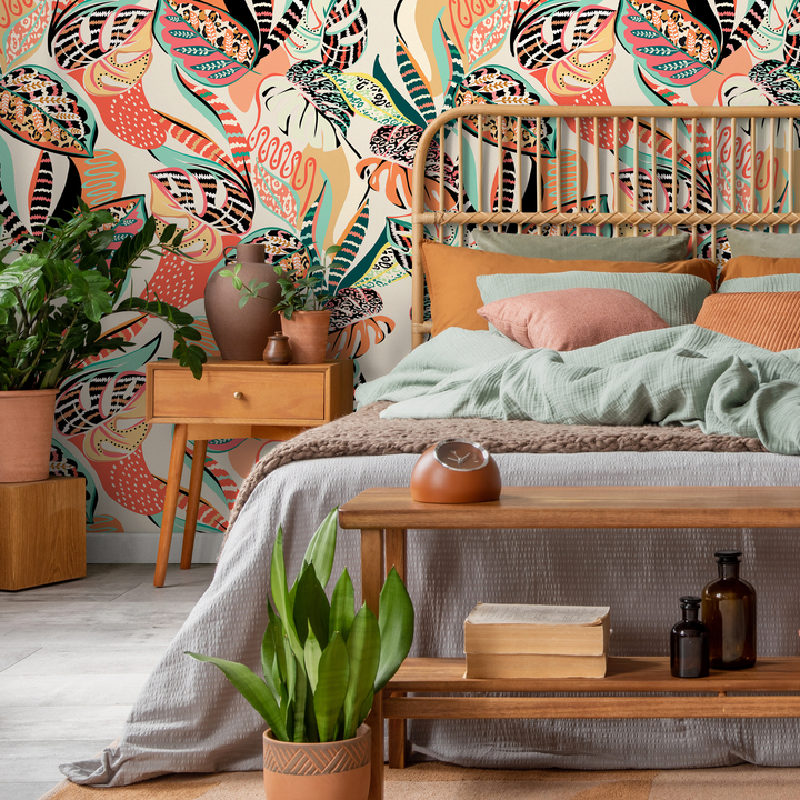Abstract Wallpaper with Eclectic Botanical Forms in Coral, Teal, and Black - C461