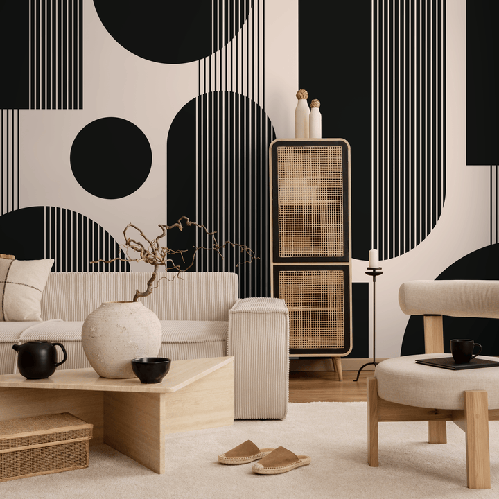 Geometric Wallpaper with Bold Arches and Stripes in Black and Beige - AS2-C481