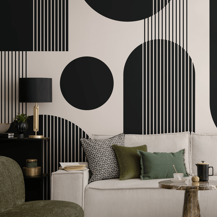 Geometric Wallpaper with Bold Arches and Stripes in Black and Beige - AS2-C481