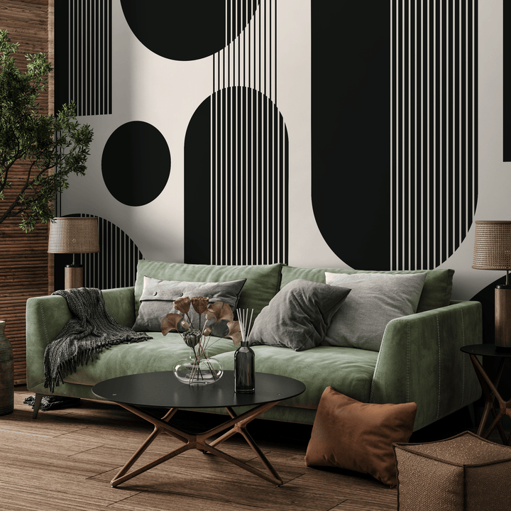 Geometric Wallpaper with Bold Arches and Stripes in Black and Beige - AS2-C481