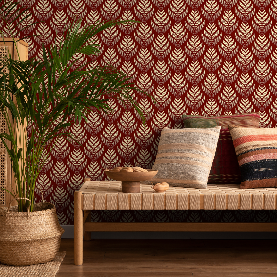 Art Deco Wallpaper with a Stylized Leaf Motif in Red and Cream - C493