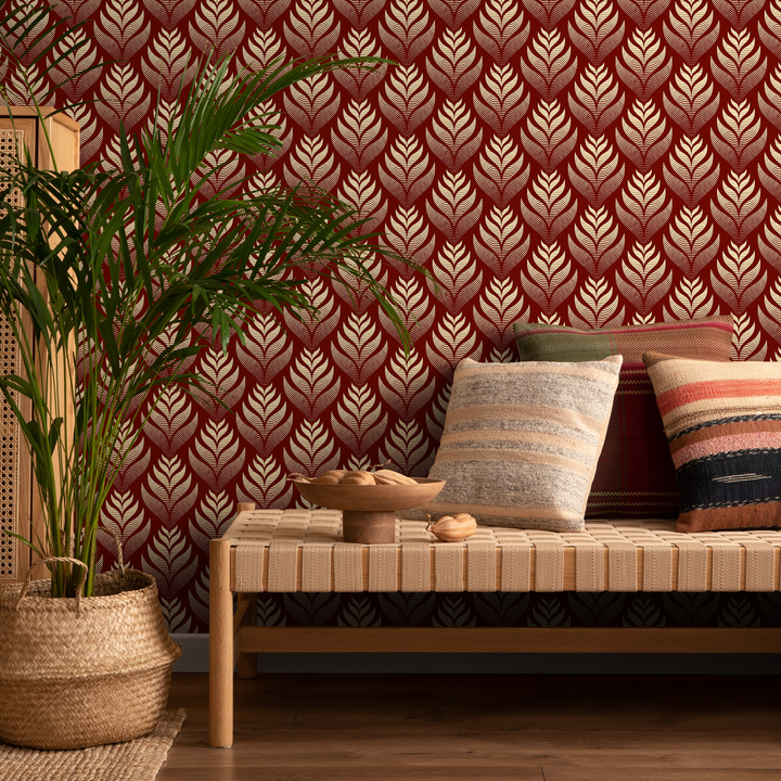 Art Deco Wallpaper with a Stylized Leaf Motif in Red and Cream - C493