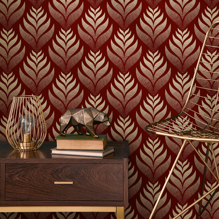 Art Deco Wallpaper with a Stylized Leaf Motif in Red and Cream - C493