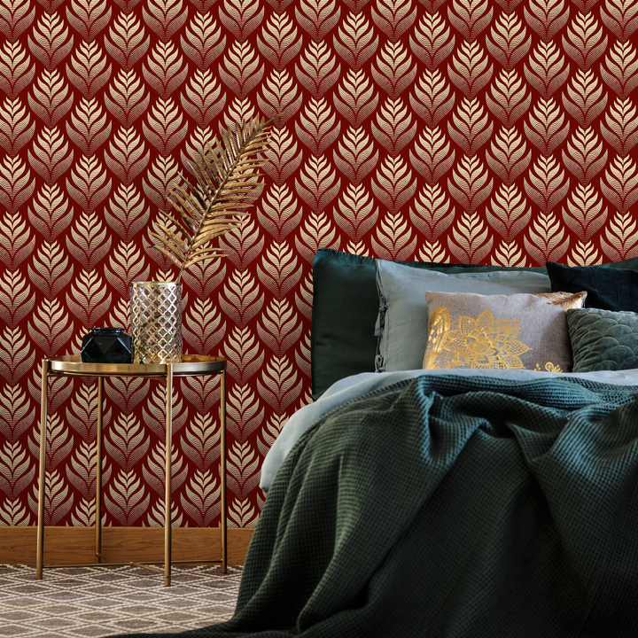 Art Deco Wallpaper with a Stylized Leaf Motif in Red and Cream - C493