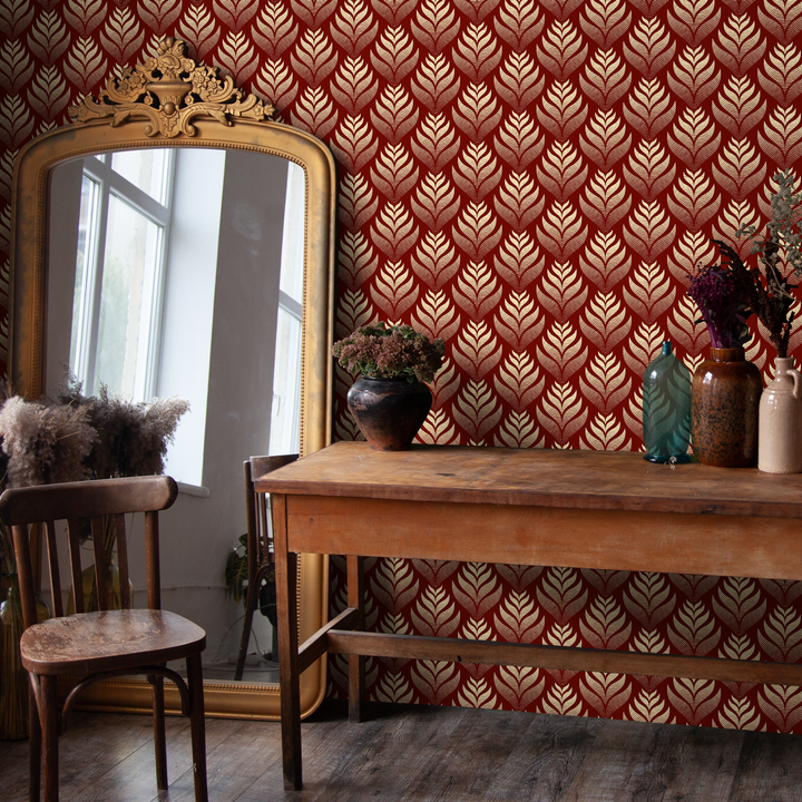 Art Deco Wallpaper with a Stylized Leaf Motif in Red and Cream - C493