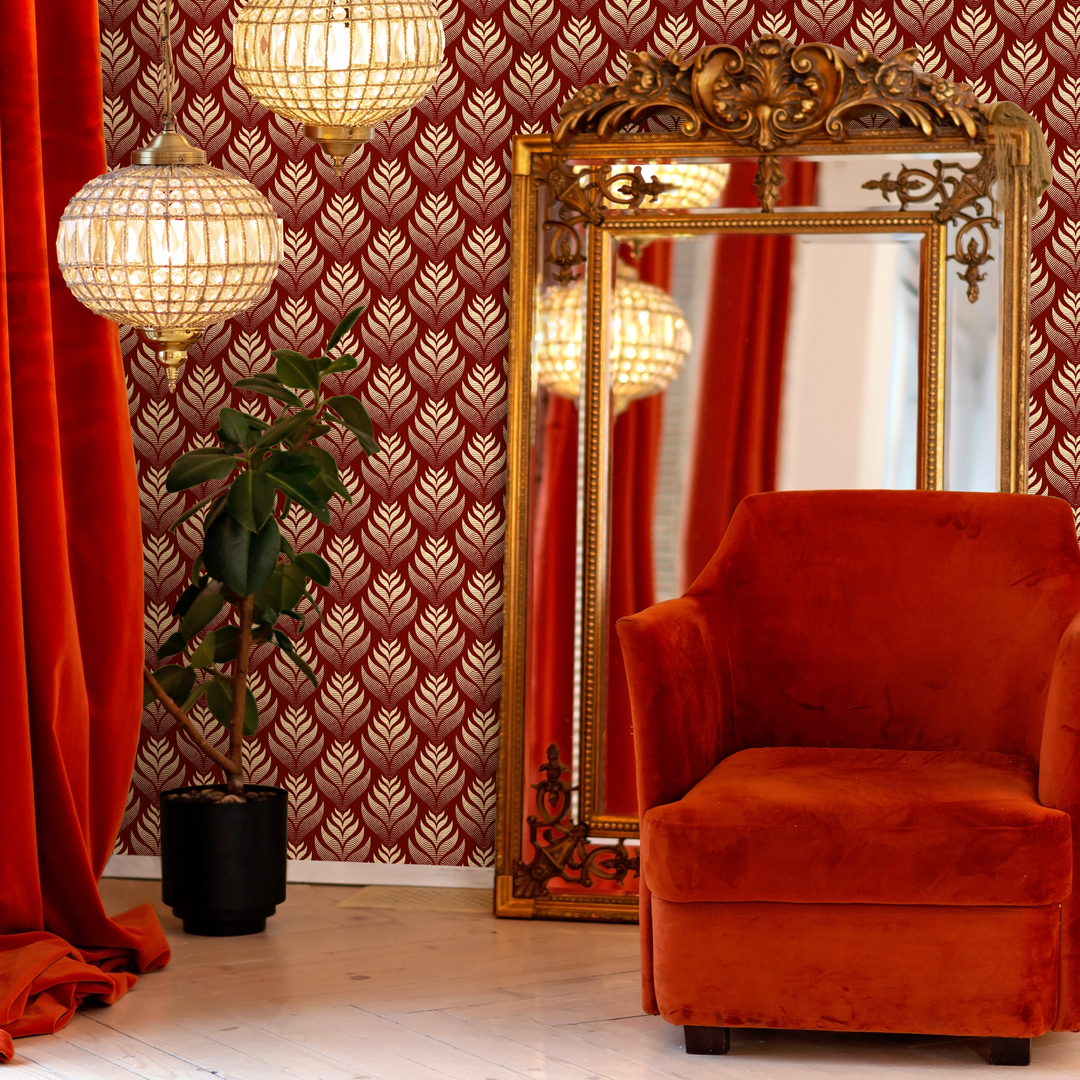 Art Deco Wallpaper with a Stylized Leaf Motif in Red and Cream - C493