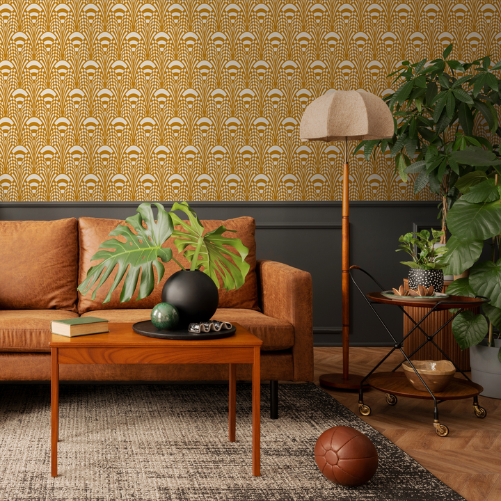 Art Deco Wallpaper with a Stylized Fan Motif in Yellow and White - C544