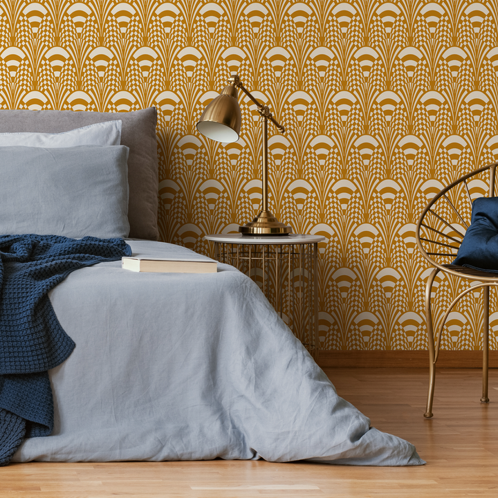 Art Deco Wallpaper with a Stylized Fan Motif in Yellow and White - C544