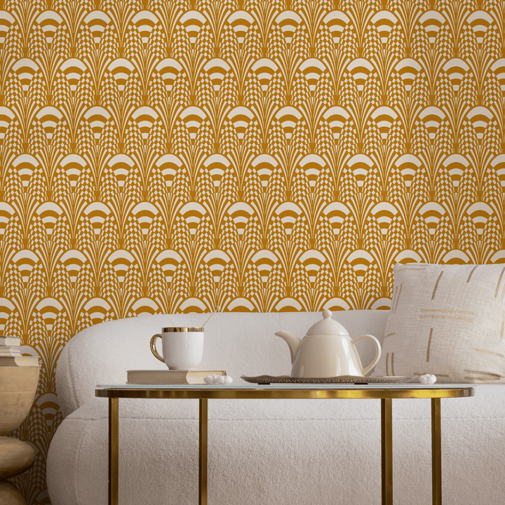Art Deco Wallpaper with a Stylized Fan Motif in Yellow and White - C544