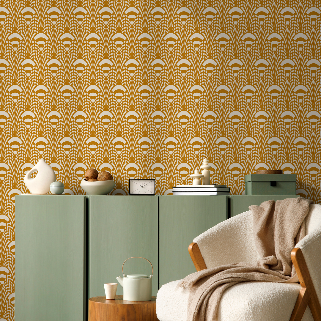 Art Deco Wallpaper with a Stylized Fan Motif in Yellow and White - C544