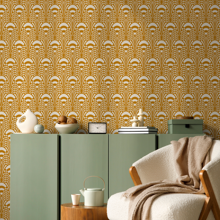 Art Deco Wallpaper with a Stylized Fan Motif in Yellow and White - C544