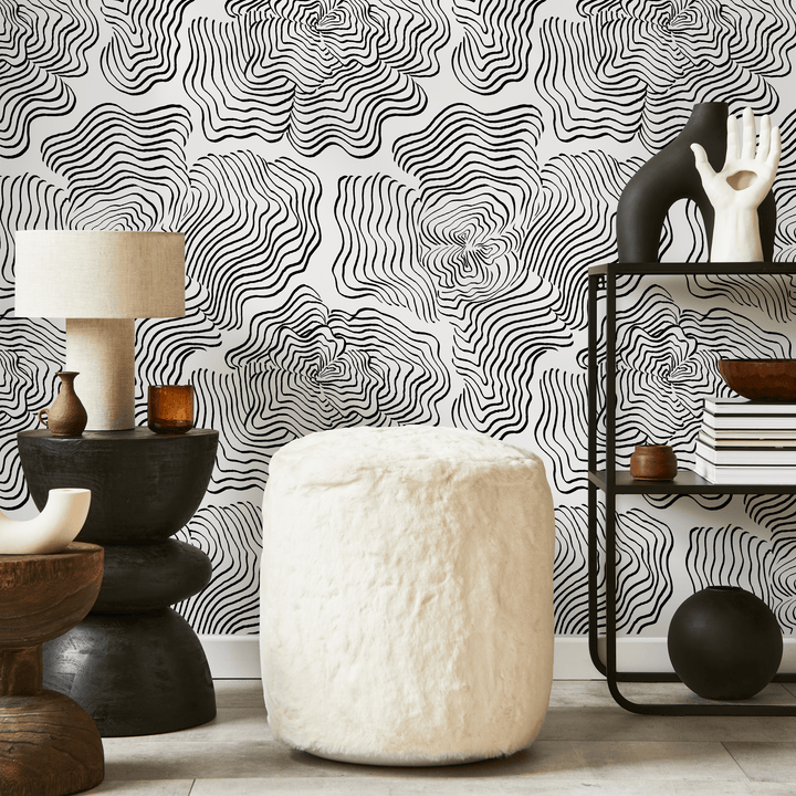 Abstract Wallpaper with Wavy Concentric Lines in Black and White - C628