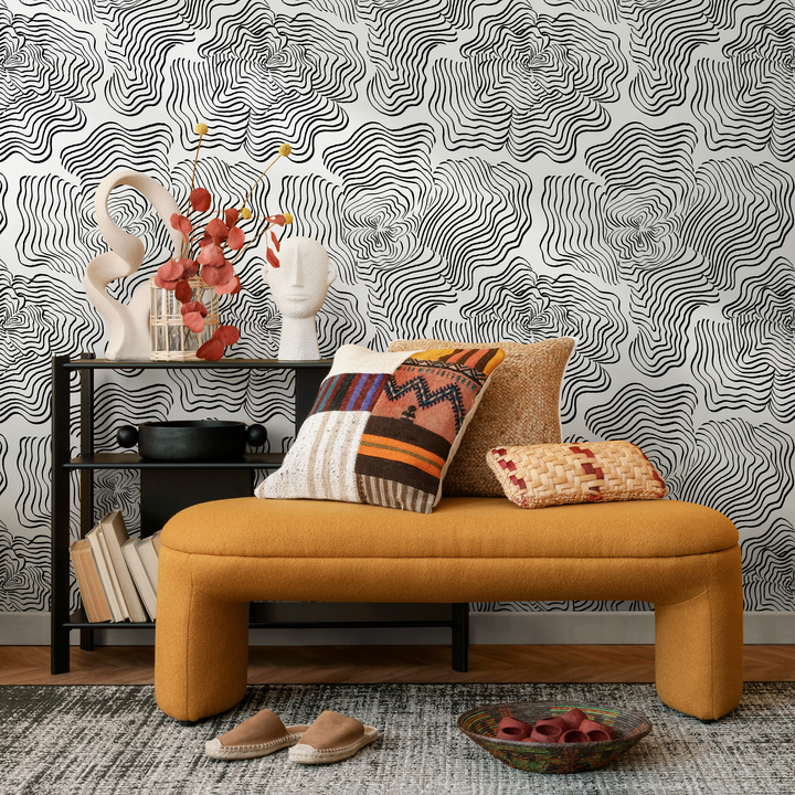 Abstract Wallpaper with Wavy Concentric Lines in Black and White - C628