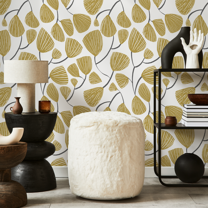 Botanical Wallpaper with Stylized Ginkgo Leaves in Yellow and Gray - C631
