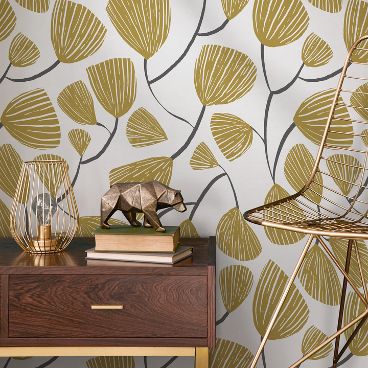 Botanical Wallpaper with Stylized Ginkgo Leaves in Yellow and Gray - C631