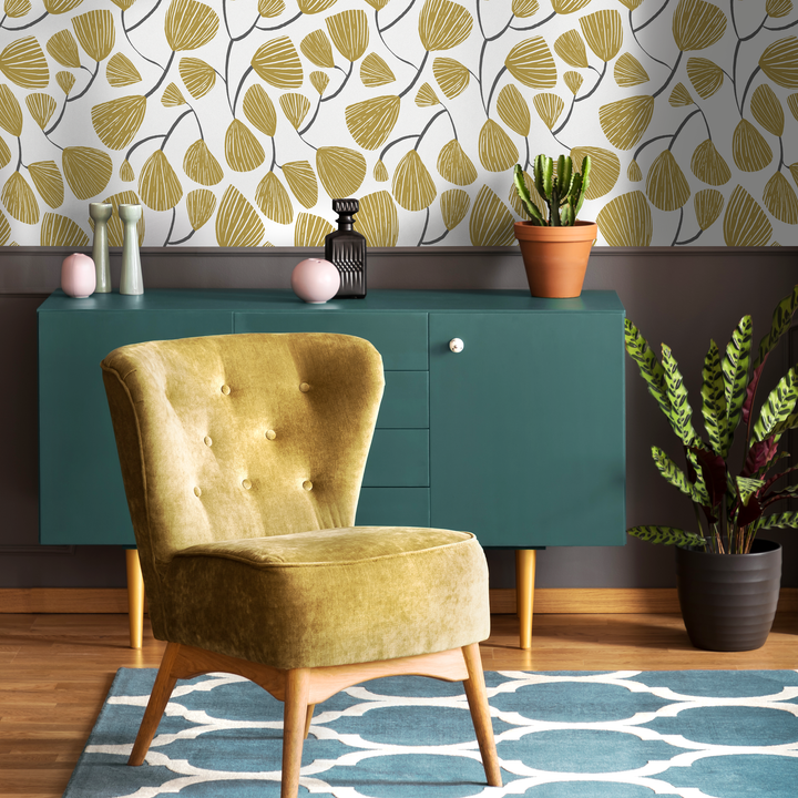 Botanical Wallpaper with Stylized Ginkgo Leaves in Yellow and Gray - C631