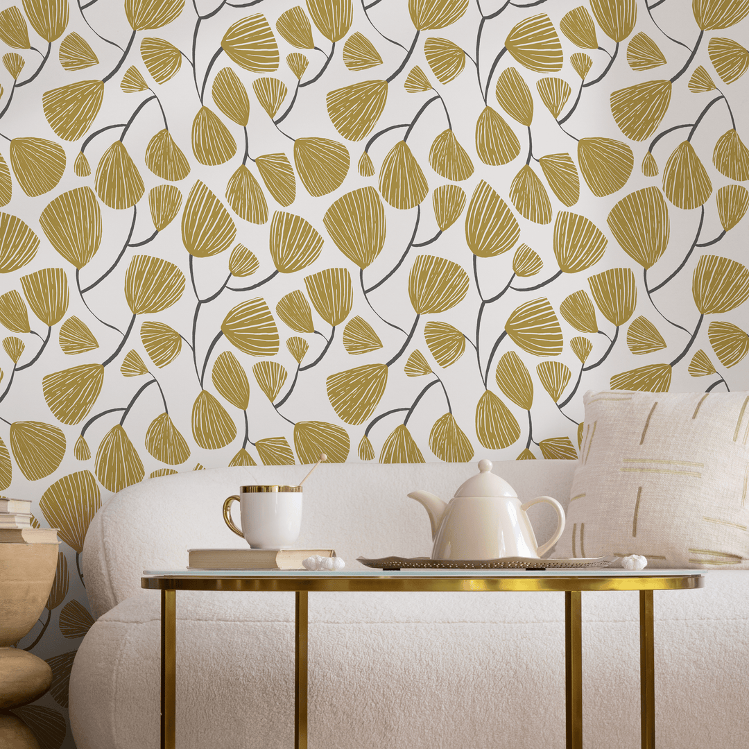 Botanical Wallpaper with Stylized Ginkgo Leaves in Yellow and Gray - C631
