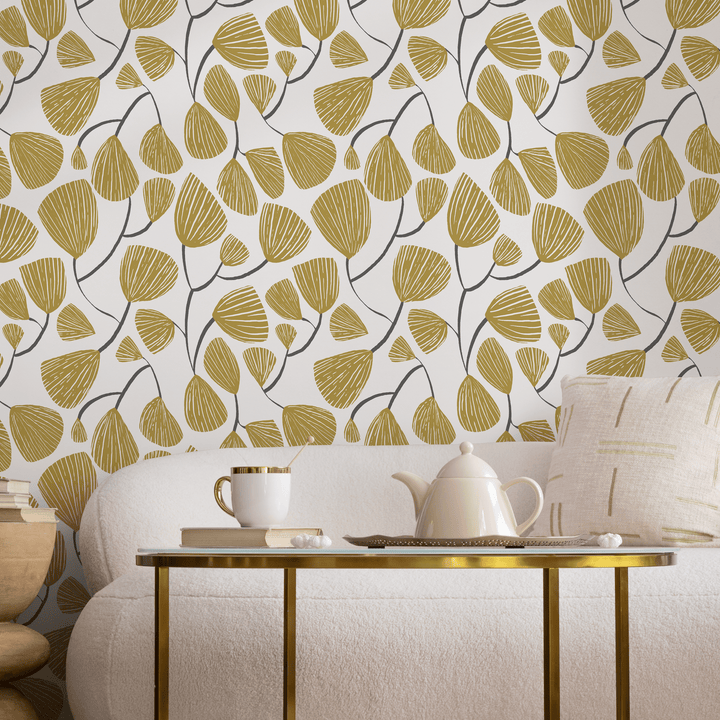 Botanical Wallpaper with Stylized Ginkgo Leaves in Yellow and Gray - C631