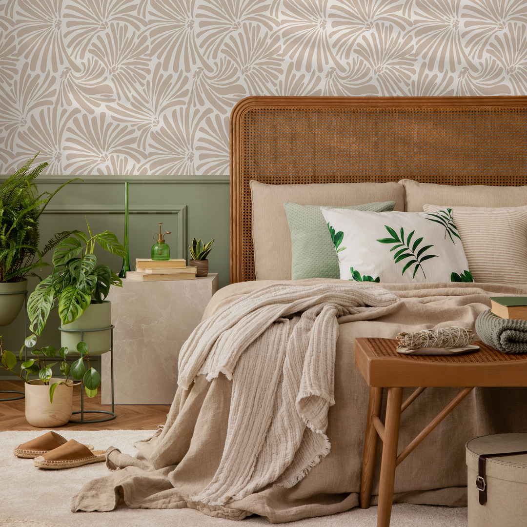 Botanical Wallpaper with Abstract Fan Leaves in Beige - C666