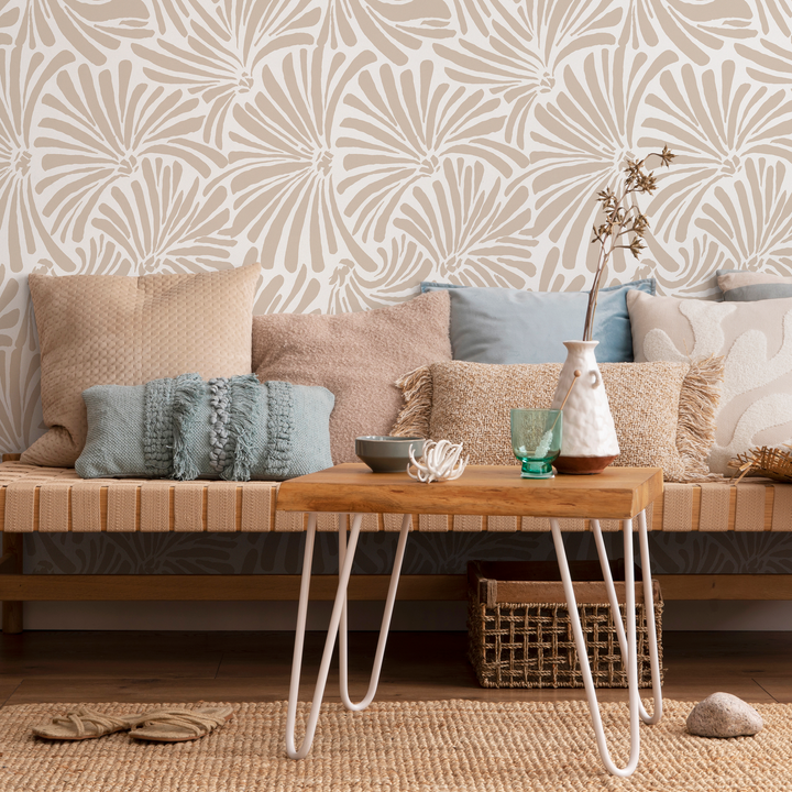 Botanical Wallpaper with Abstract Fan Leaves in Beige - C666