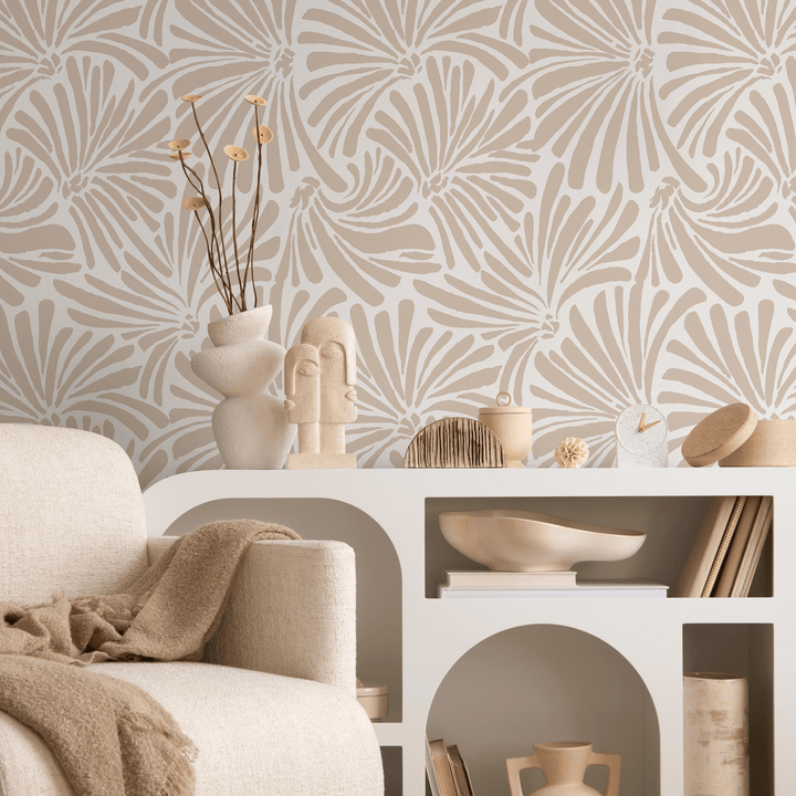 Botanical Wallpaper with Abstract Fan Leaves in Beige - C666