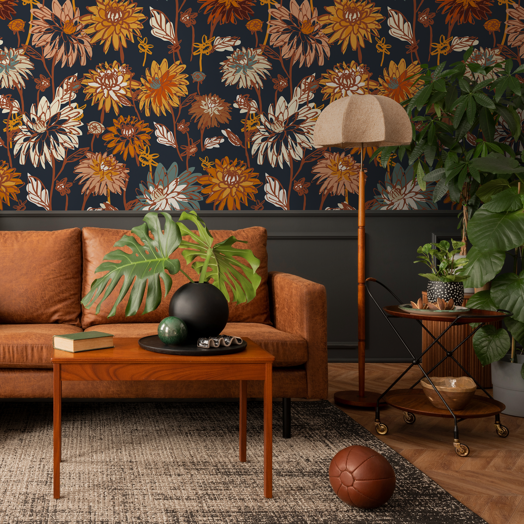 Floral Wallpaper with a Vintage Dahlia Motif in Orange, Yellow, and Blue - C693