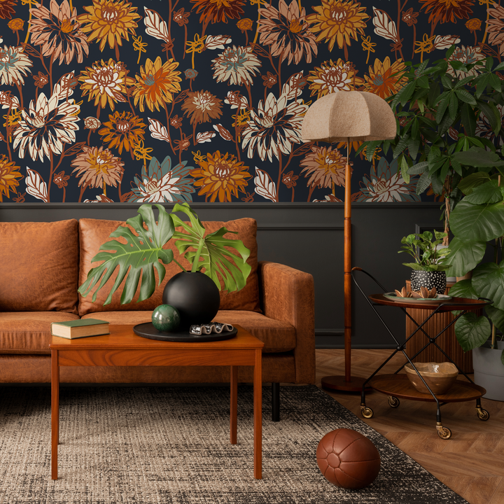 Floral Wallpaper with a Vintage Dahlia Motif in Orange, Yellow, and Blue - C693