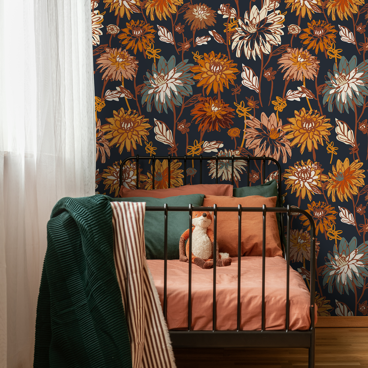 Floral Wallpaper with a Vintage Dahlia Motif in Orange, Yellow, and Blue - C693