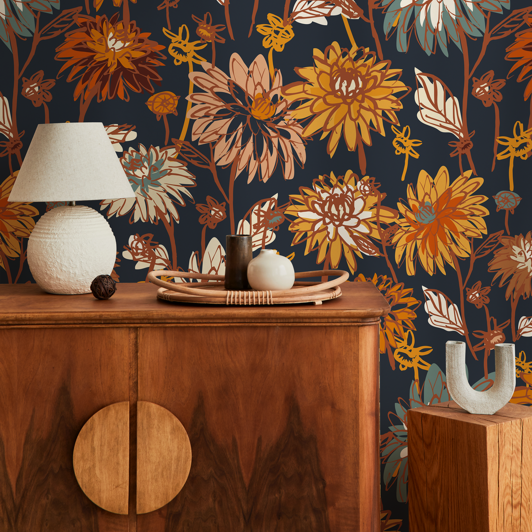 Floral Wallpaper with a Vintage Dahlia Motif in Orange, Yellow, and Blue - C693