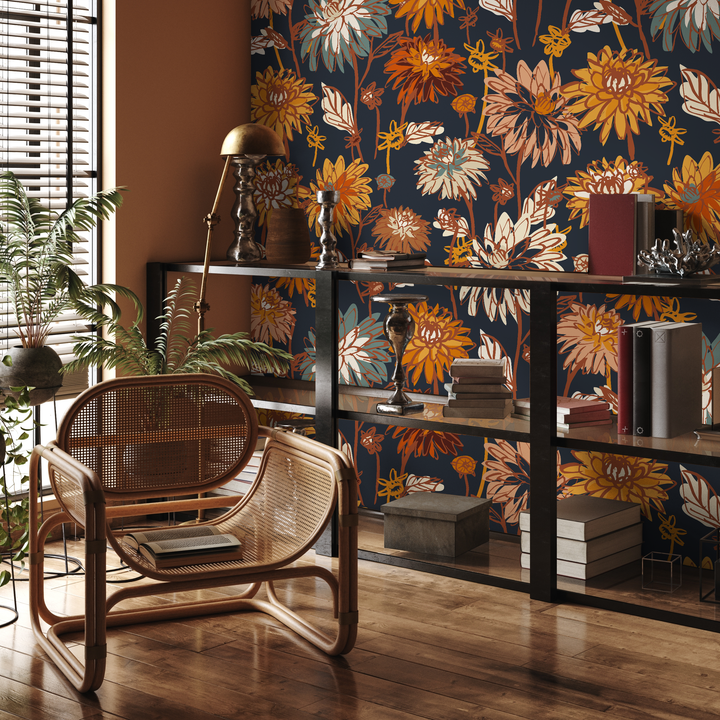Floral Wallpaper with a Vintage Dahlia Motif in Orange, Yellow, and Blue - C693